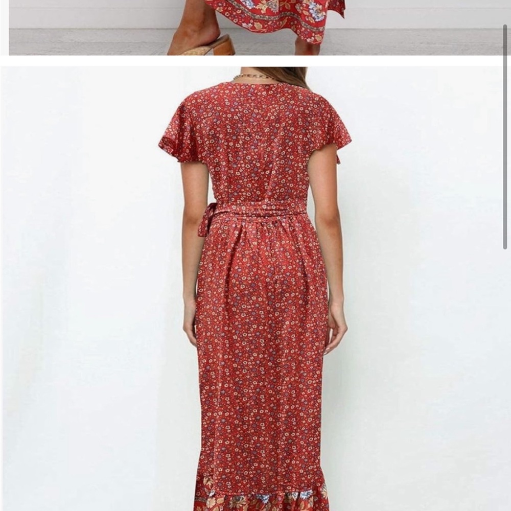 NWT Zesica V Neck Full Wrap Party Flowy Ruffle Midi Dress Medium